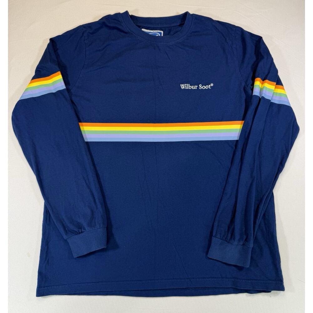 Wilbur Soot Blue Long Sleeve Shirt With Rainbow Stripe Design L